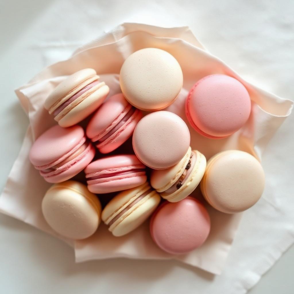 Assorted macarons on linen
