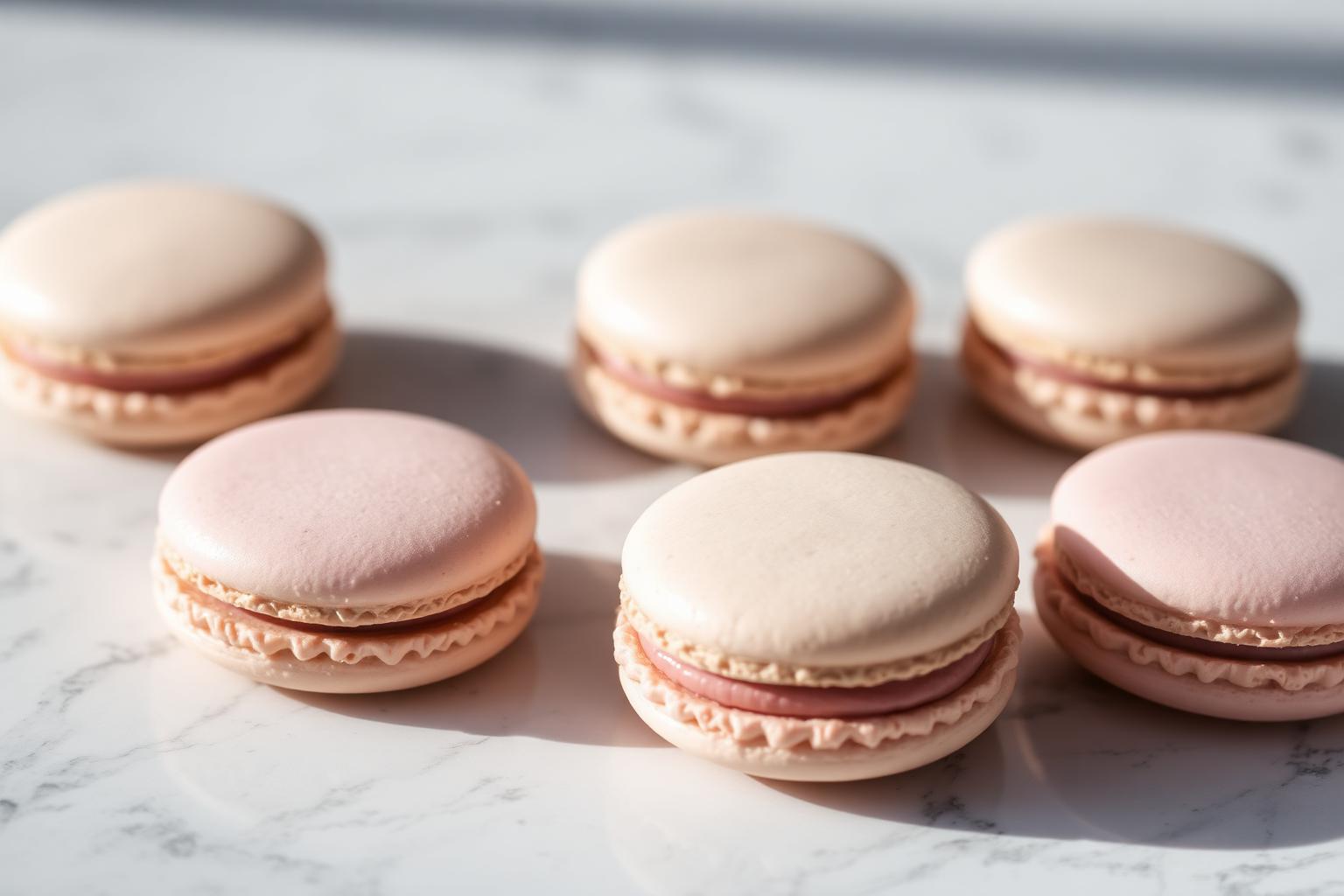 Elegant French macarons arranged on marble